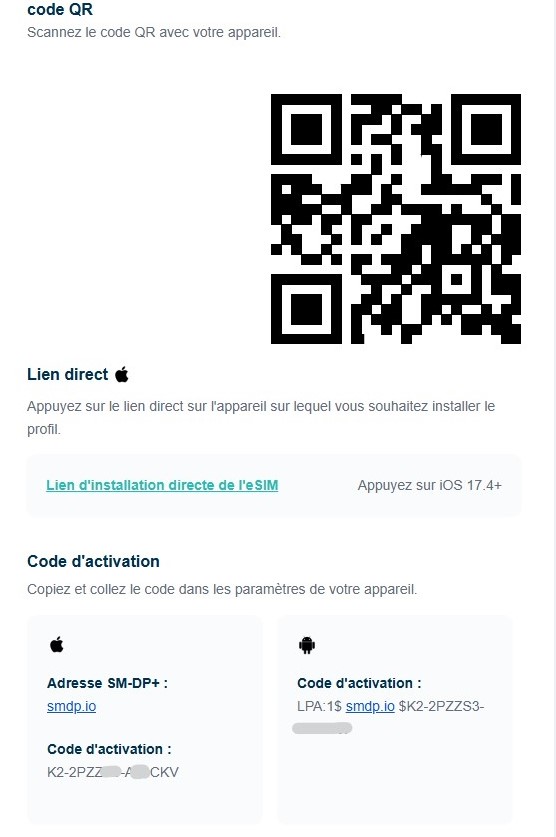 Capture écran config esim QR